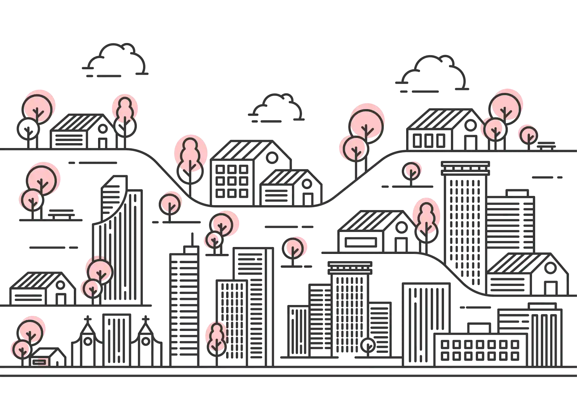 An illustration of rural and urban buildings spread throughout treed hills and plains. 