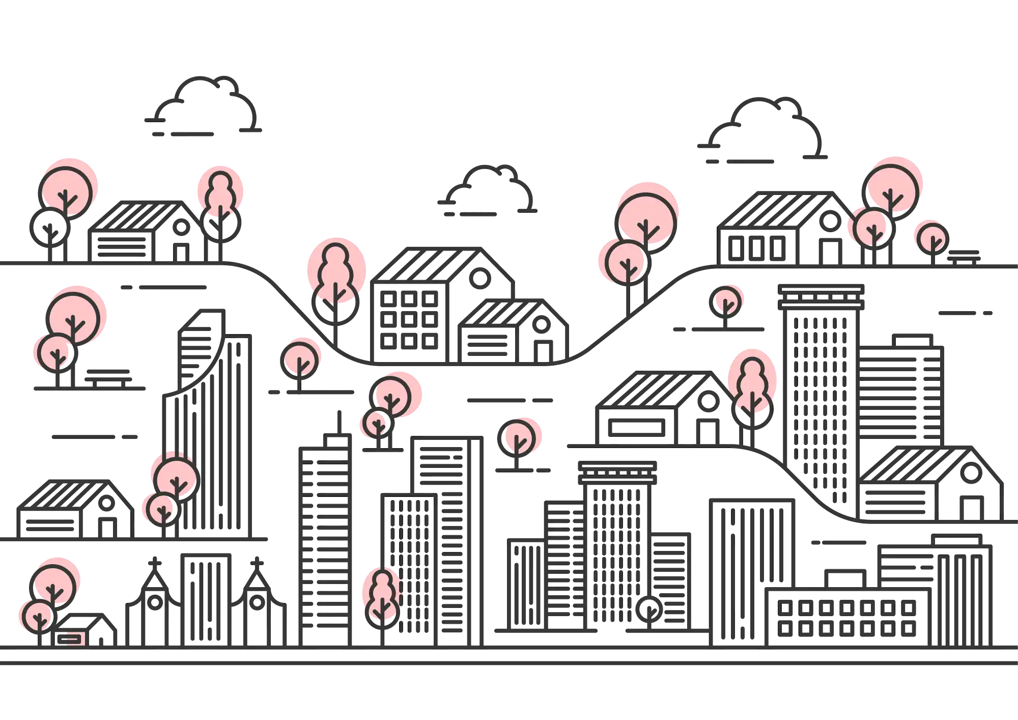 An illustration of rural and urban buildings spread throughout treed hills and plains. 